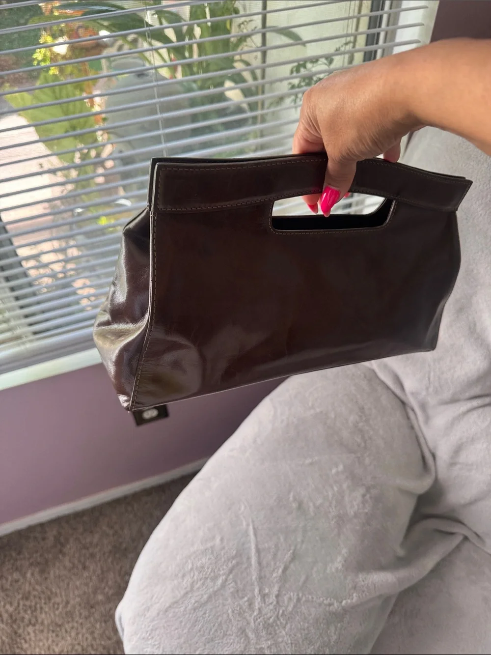 Kate Landry Dark Brown Leather Cutout Handle Clutch